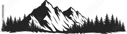 Mountain landscape silhouette vector with pine forest and rocky peaks isolated on white background for nature, adventure and travel design