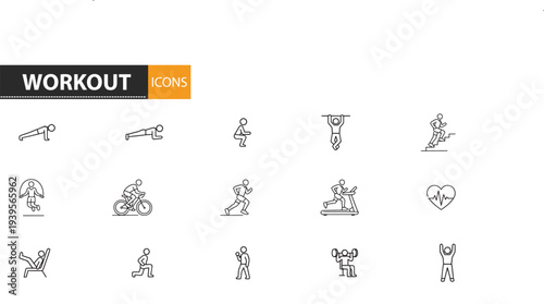 A collection of 12 black and white line drawings depicting various workout exercises and activities