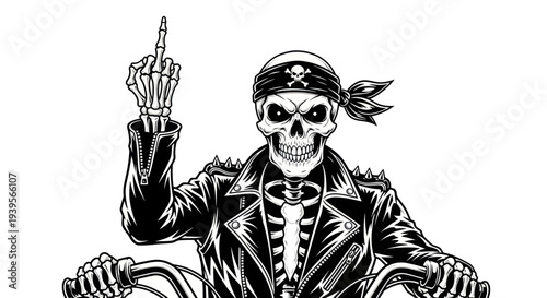 Skeleton Biker Giving Middle Finger, Skull Bandana, Leather Jacket, Rocker