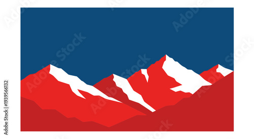 Stylized mountain range with snow-capped peaks against a deep blue sky