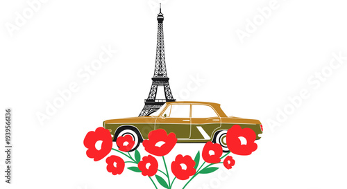 Vintage Car and Eiffel Tower with Red Poppies, Parisian Summer Travel