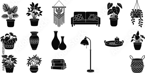 Home Decor Silhouette Icon Set with Indoor Plants Sofa Lamp Vase Basket and Furniture Objects for Interior Design Vector Illustration Collection
