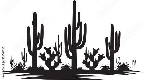 Desert cactus and agave plants silhouette vector illustration, arid landscape, line art graphic