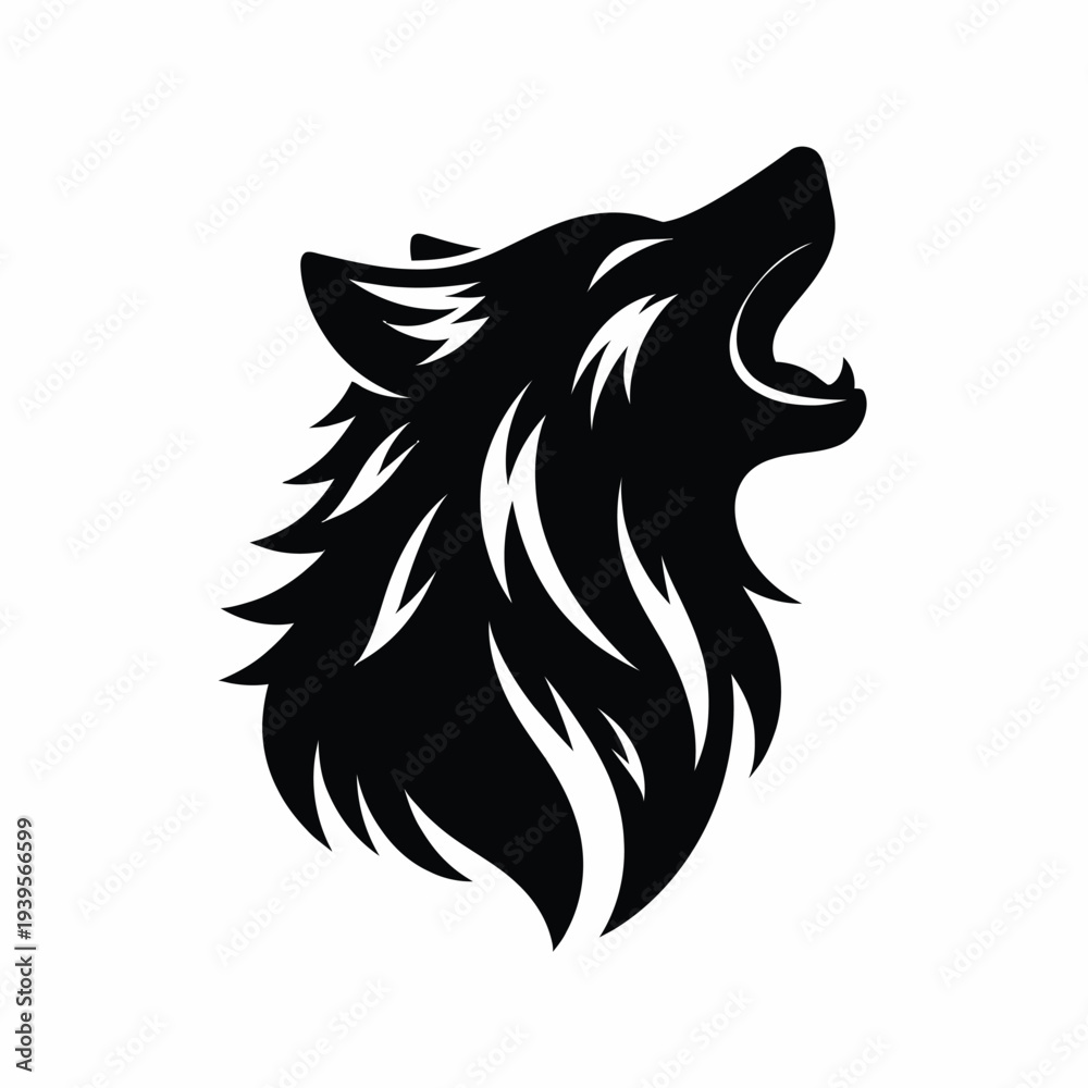 Obraz premium A black vector icon of a wolf's head howling, set against a clean white background, with a minimalist design style.