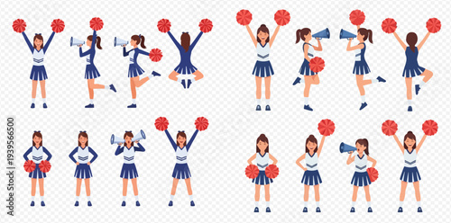 Set of cheerleader girls in different poses with pom-poms and megaphone, flat vector illustration isolated on white background.