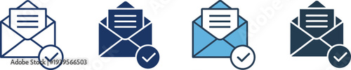 Four email with checkmarks in blue tones envelope message