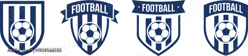 Four blue and white football crests with vertical stripes