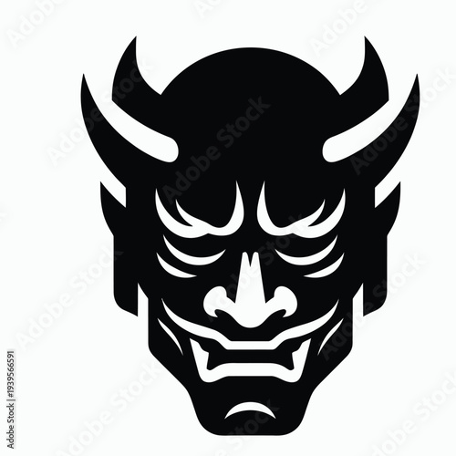 A black and white vector icon of a Japanese Oni mask with horns on a plain white background, conveying a strong and ominous presence.