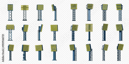 Set of various stadium floodlights and spotlights for sports arenas and outdoor events.