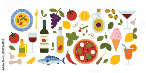 Italian food and drink flat collection pizza wine olive oil