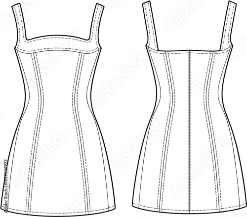 Two Black and White Dress Patterns with Dotted Lines and Seam Details