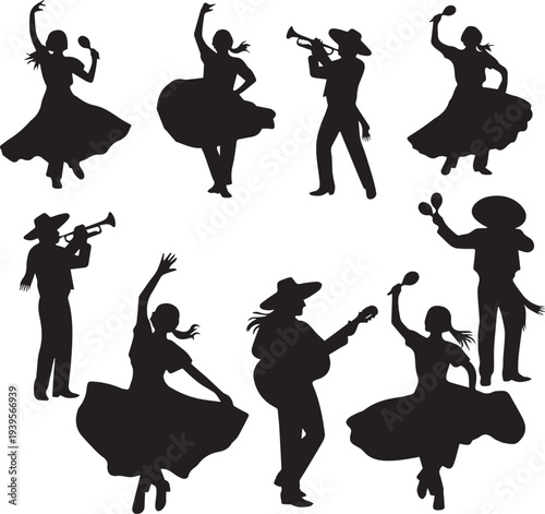 Mexican culture folk dancers, musicians vector illustration, people in traditional costumes, line art