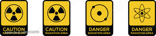 Radiation caution and danger signs with atomic symbols