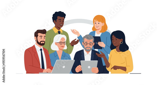 Diverse Business Team Collaboration: Multi-Generational Professionals Engaging in a Modern Meeting with Digital Technology and Laptops