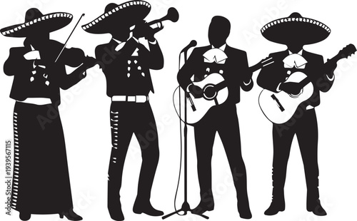 Mexican mariachi band playing instruments, vector silhouette illustration, traditional music ensemble