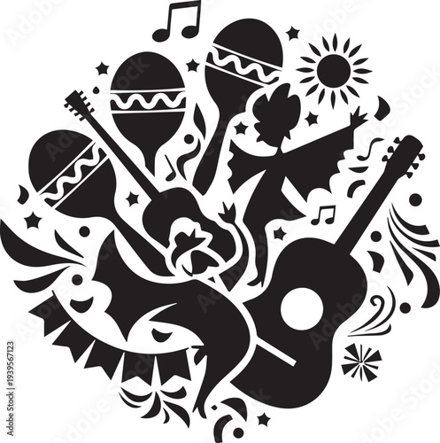 Mexican fiesta elements silhouette vector illustration guitar and maracas festive line art