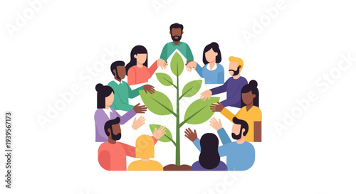 Diverse Community Nurturing a Growing Plant: Teamwork, Sustainability & Environmental Protection