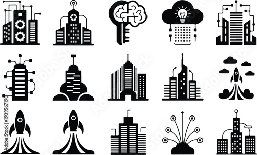 Building Collection Silhouette Icon Set