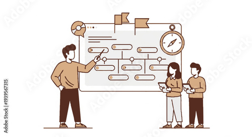 Three coworkers discussing workflow on a large whiteboard with a clock and flowchart