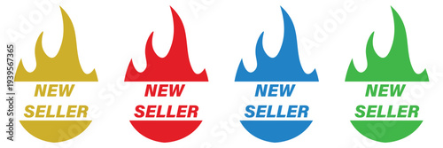 New seller promotional flame badges, burning hot deal marketing icons