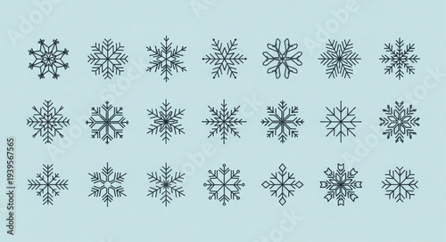 Collection of Various Snowflake Designs on Light Blue Background.