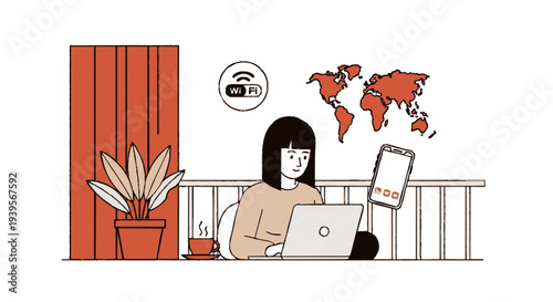 Woman working remotely on laptop with mobile phone and coffee cup on balcony with world map