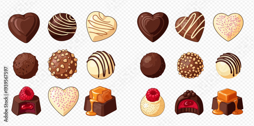 Set of assorted chocolate candies and truffles, including heart-shaped, round, and filled varieties, isolated on a transparent background.