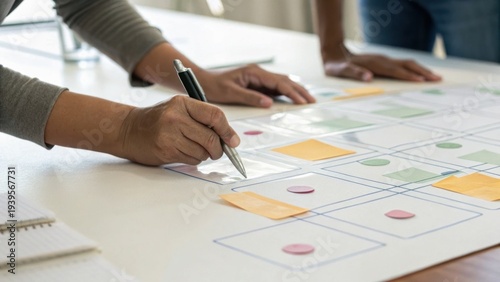 Two people collaborate on a project, marking and organizing information on a large sheet with sticky notes and diagrams.