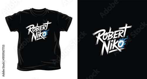 Black tshirt with robert niko text logo design and blue flame graphic