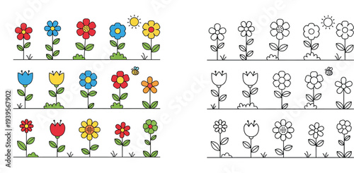 Cute cartoon flower set with colorful and black and white outline for children coloring pages