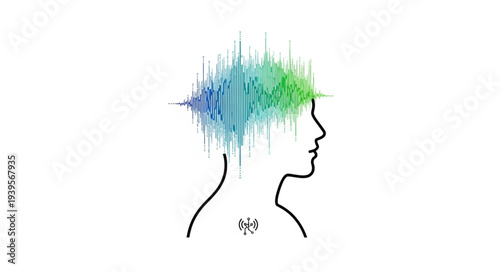 Abstract Illustration of Human Brain with Sound Waves.