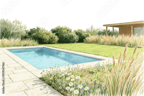 Color pencil drawing of landscaped backyard with rectangular swimming pool surrounded by stone tiles, vibrant flower bed with blooming flowers and grasses  vector svg