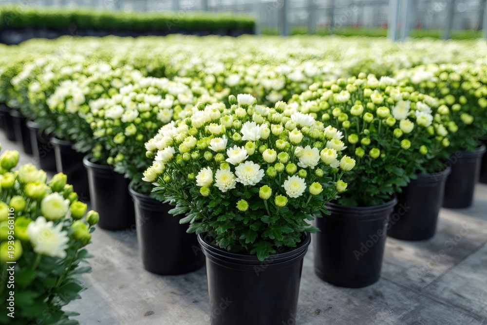 Naklejka premium Rows of white chrysanthemum plants growing in a commercial greenhouse