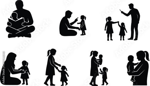 Parent and Child Silhouette Collection Showing Family Care, Teaching, Reading and Parenting Moments, Mother Father with Kids Vector Illustration Set