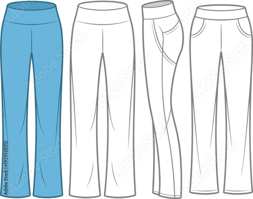 Four Different Styles of Pants Including Blue Tight- Fit Pants and Three Gray Pants Variations tight-fit