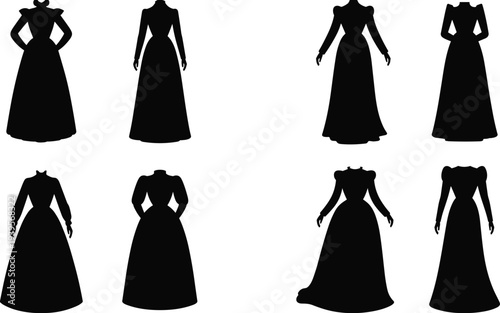 Victorian era woman fashion dress silhouette set featuring vintage long gown styles for historical costume design and classic feminine apparel