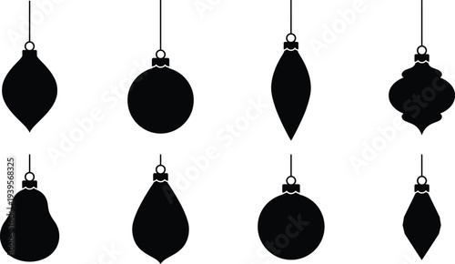 Black silhouette collection of hanging Christmas ornaments, decorative holiday baubles, star, and snowflake icons isolated on white background flat vector illustration
