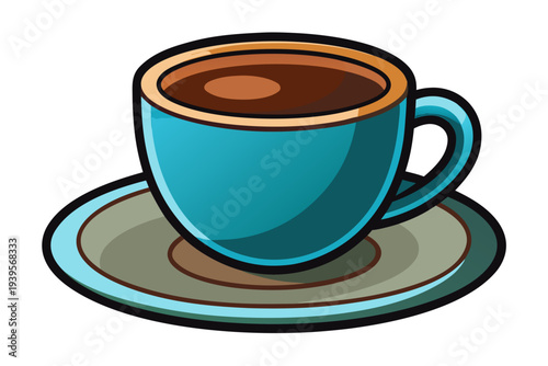 Colorful blue ceramic coffee cup on saucer filled with freshly brewed hot coffee for a cozy morning beverage experience