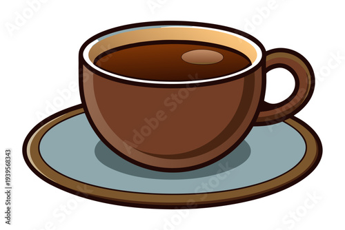 Illustrated brown coffee cup with saucer on grey background: classic beverage icon with warm tones and simple design for coffee lovers