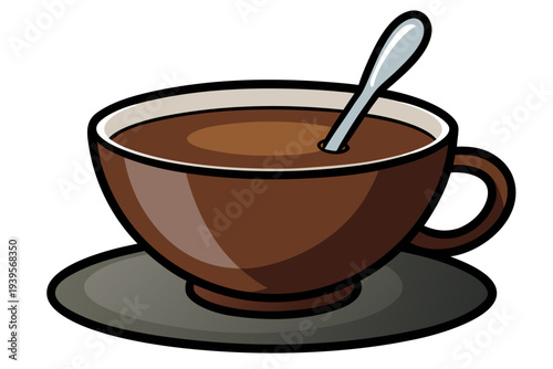 Classic brown coffee cup with spoon on saucer - simple vector art of warm beverage symbol in cartoon style