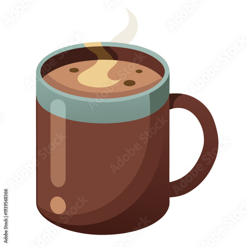 Steaming hot chocolate in a brown mug with blue rim and swirling steam on white background