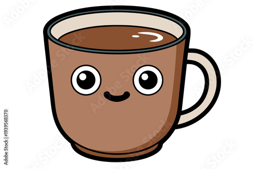 Cute cartoon coffee cup with smiling face and big eyes: adorable brown mug illustration with handle and cheerful expression