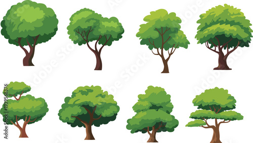 Eight Different Types of Green Leafy Trees with Brown Trunks on White Background nature
