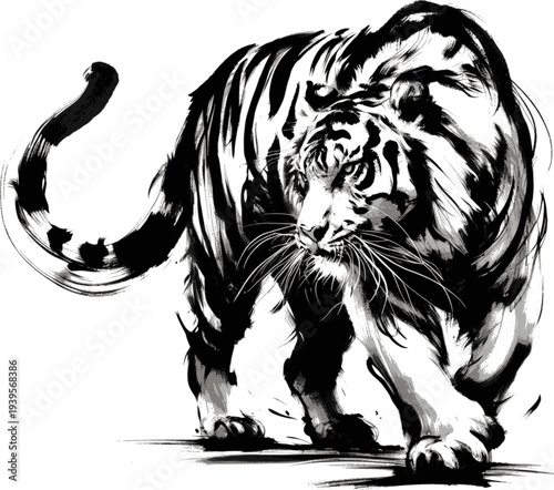 Ink illustration of a tiger in motion, walking forward with intense gaze. Minimalist with sweeping lines vector svg