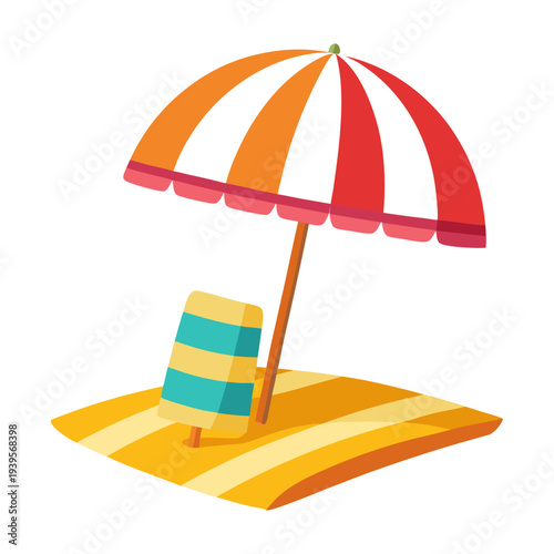 Colorful beach umbrella and striped chair on sand with popsicle underneath in a summery cartoon style