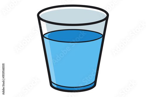 Simple clear glass filled with refreshing blue liquid on white background: minimalist illustration of hydration and purity