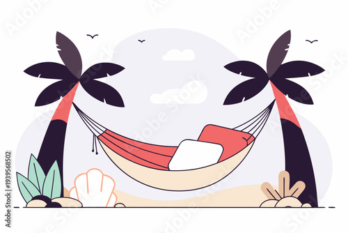 Relaxing tropical beach scene with hammock suspended between palm trees and soft clouds in minimalist style