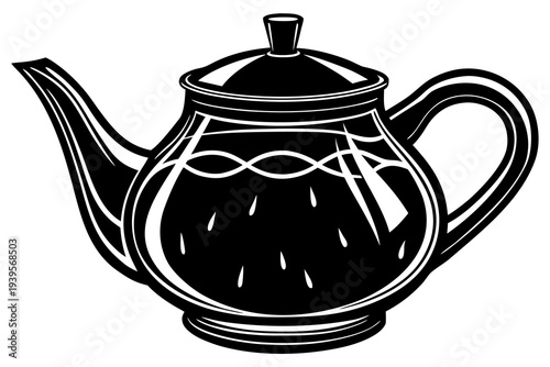 Elegant black teapot with curved spout and handle on white background in minimalist artistic drawing