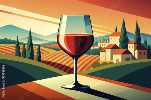 Vibrant sunset over vineyard landscape with glass of red wine amid rolling hills and italian countryside