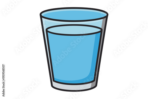 Cartoon glass of water with blue liquid in minimalist style on white background for hydration concept and refreshment theme